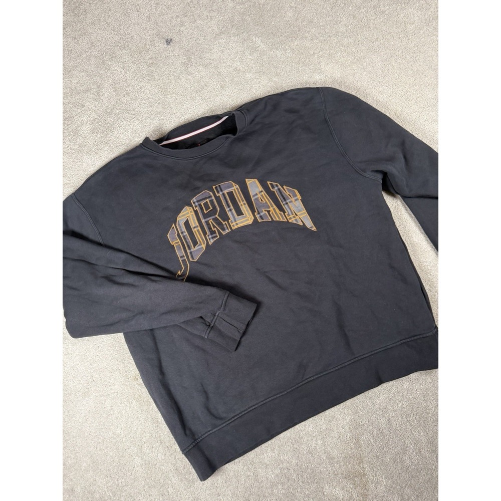 Jordan Essential Holiday Fleece Crewneck Sweatshirt Size L Black Plaid Boxy Fit